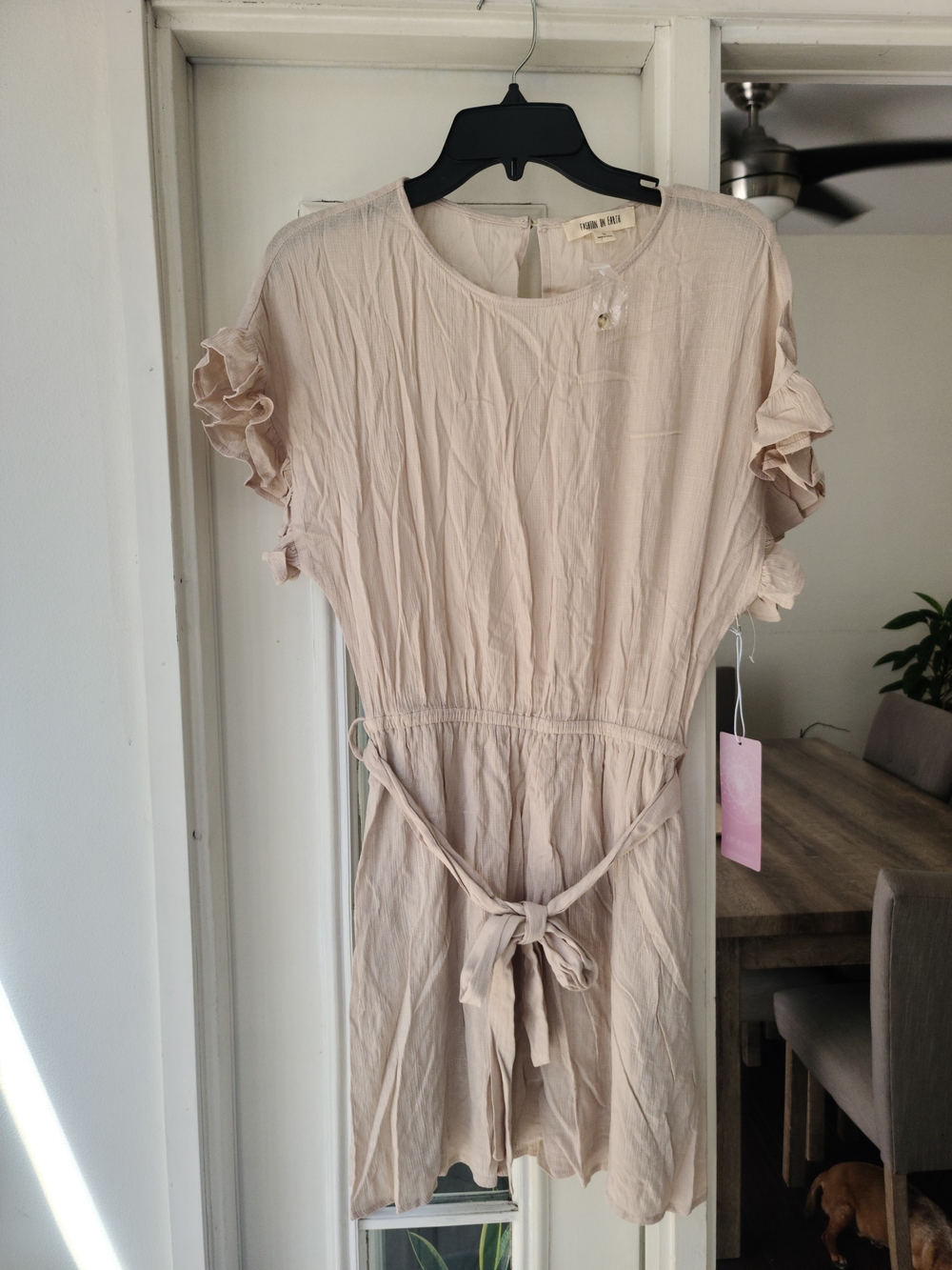 Women's Light Blush Ruffle-Sleeve Tie-Waist Dress
